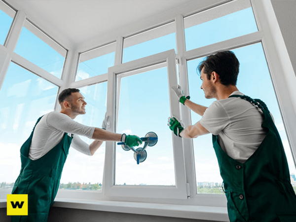 Zwei Handwerker montieren ein neues Fenster beim energieeffizienten Fensteraustausch.